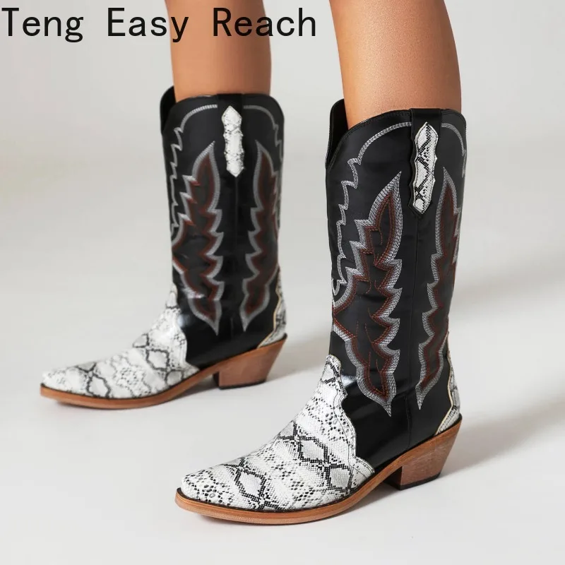 

2023 Cowboy Boots for Women Embroidered Pointy Toe Chunky Heeled Knee High Western Boots Shoes Black Size 35-48