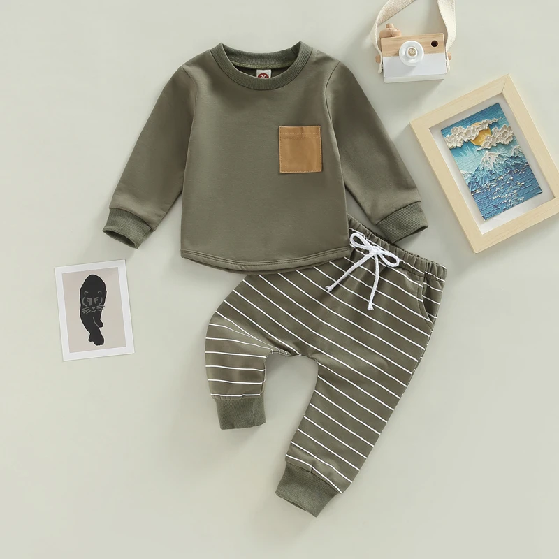 FOCUSNORM 0-3Y Autumn Causal Baby Boys 2pcs Clothes Sets Striped Patchwork Long Sleeve Pullover Pocket Sweatshirt Tops Pants