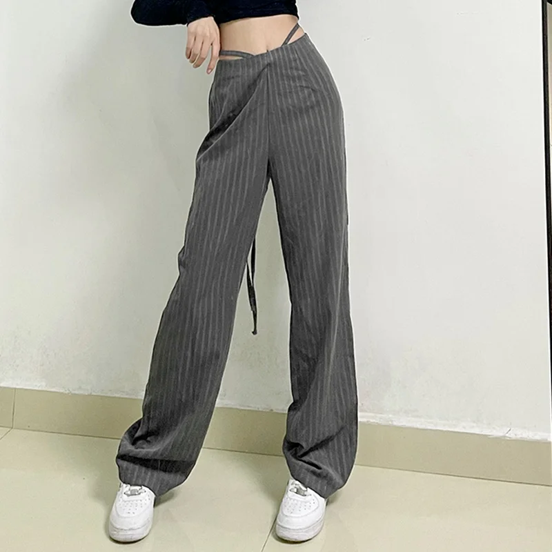 Vintage Stripe Cargo Pants Cross Tie Up Joggers Women Baggy Trousers Women 2024 Fashion y2k Capris Pants 90s Streetwear Pantalon