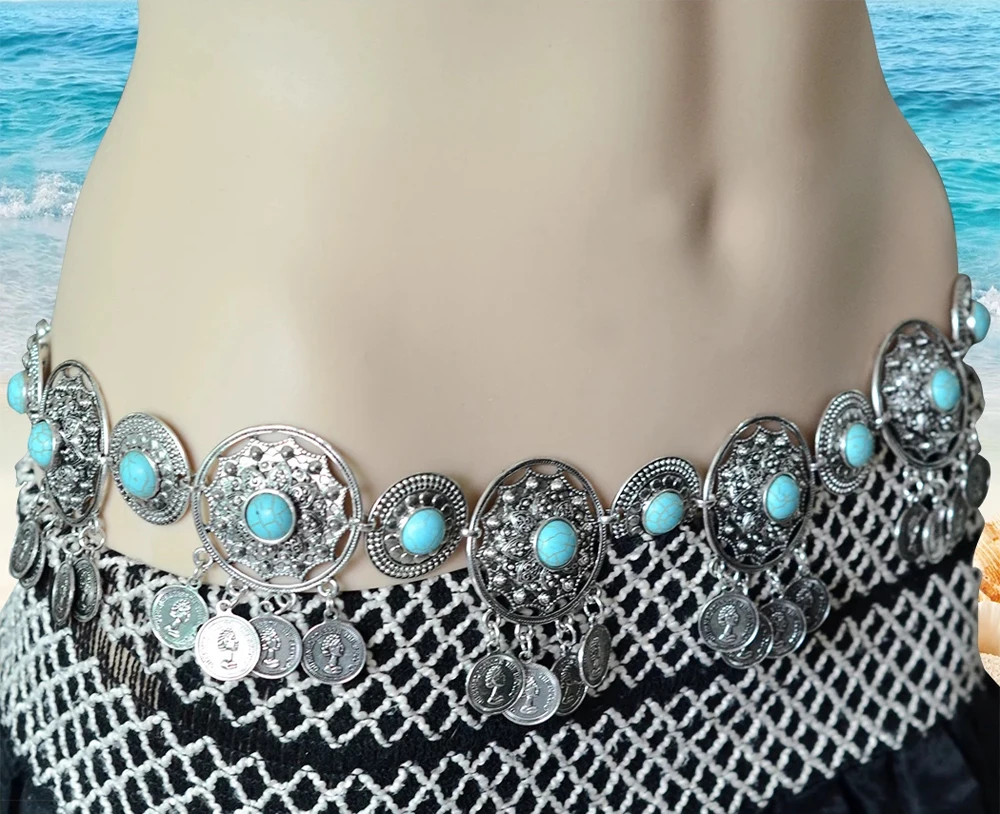

Antique Turkish Style Turquoise Coins Tassel Metal Waist Chain Boho Ethnic Costume Indian Belly Dance Belt Pakistan Body Jewelry