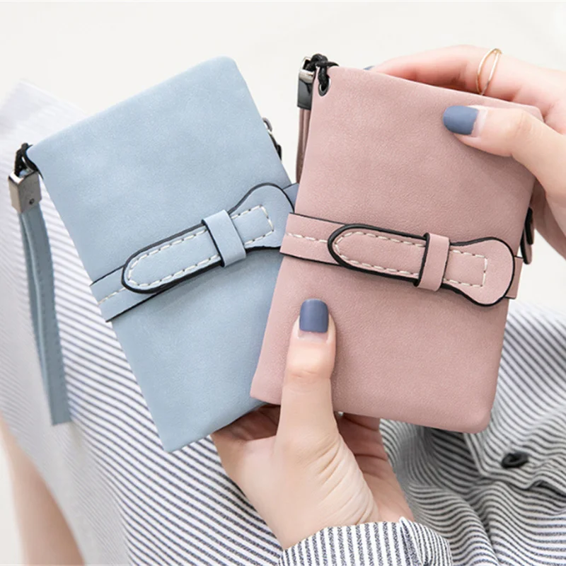 

Multifunction Short Purse Fold Women Wallets Drawstring Nubuck Leather Zipper Wallet with Wrist Strap Ladies Carteira Feminina