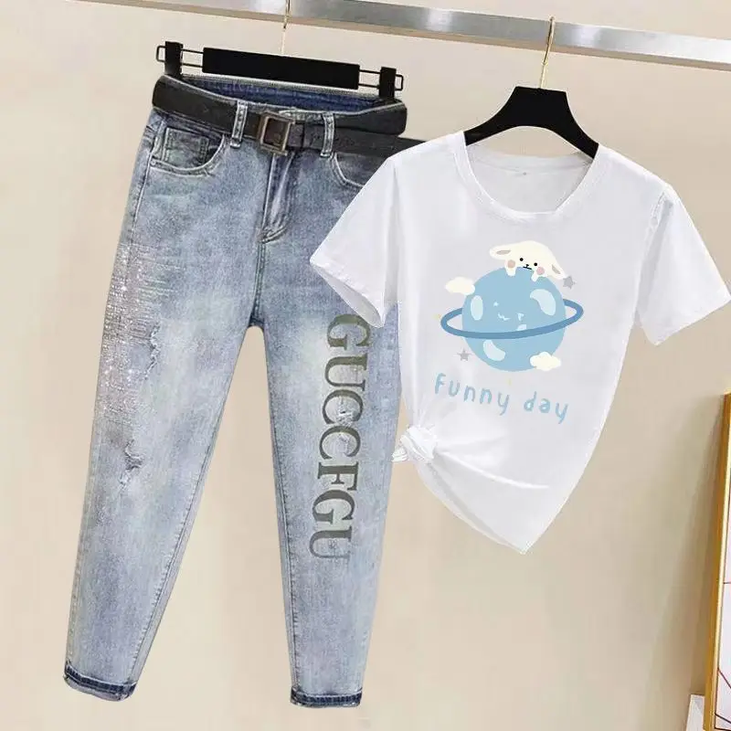Spring/Summer 2023 New Letter Loose Slim Small Feet Haren Pants+Fashion Korean Short Sleeve T-shirt Jeans Two Piece Set
