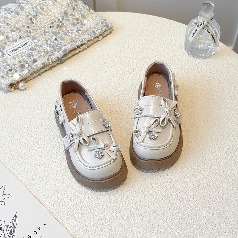 Leather Mary Jane Shoes for Girls with Floral Bow