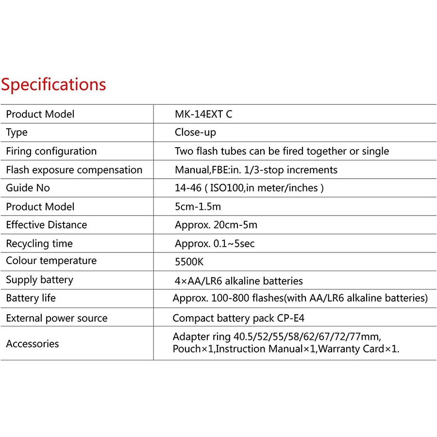 MEKE MK-14EXT E-TTL 매크로 LED 링 플래시, LED AF 보조 램프, 표준 핫 슈 스탠드 포함