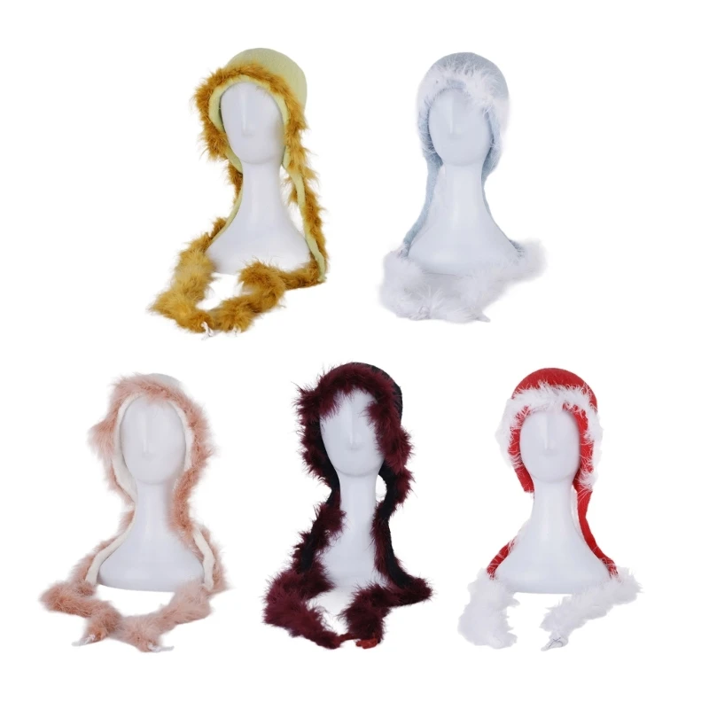 

Winter Windproof Soft Knit Beanie Hat Long Furry Strap Scarf Skull Cap for Women