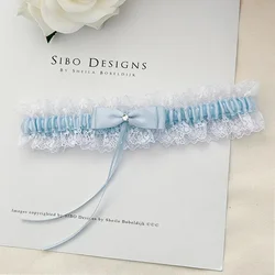 Elegant Blue Butterfly Knot Bridal Leg Ring and Sock Belt Gift Set (Black + white lace)