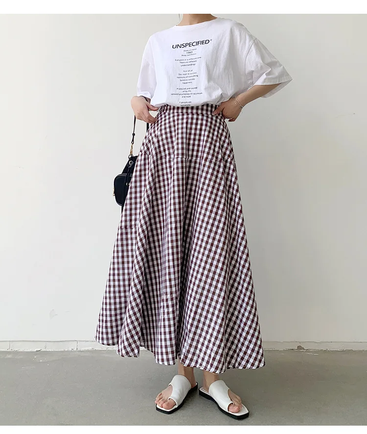 Korean Style Colored Plaid A-line Long Cotton Skirts 4