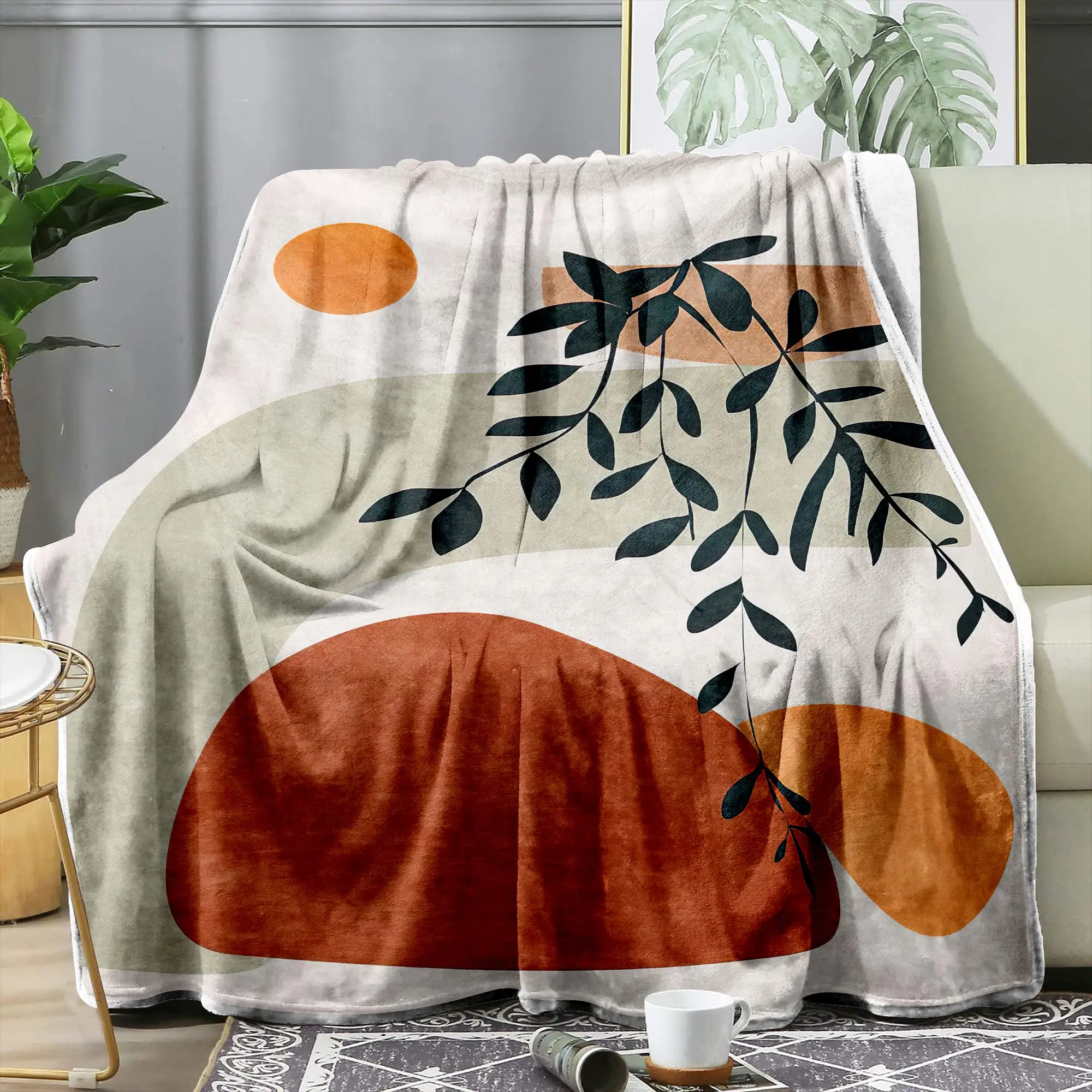 

Mid Century Boho Sun and Leaves Blanket Flannel Throw Blanket,for Teens Adults on The Sofa,Car, Bed Nap Warm Comfortable Blanket