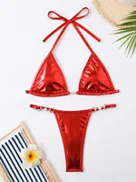 Sexy Micro Bikini Swimsuit Women 2025 Brazilian Brozing Solid Red Silver Push Up Pearl Thong Swimwear Bathing Suit Bikinis Set