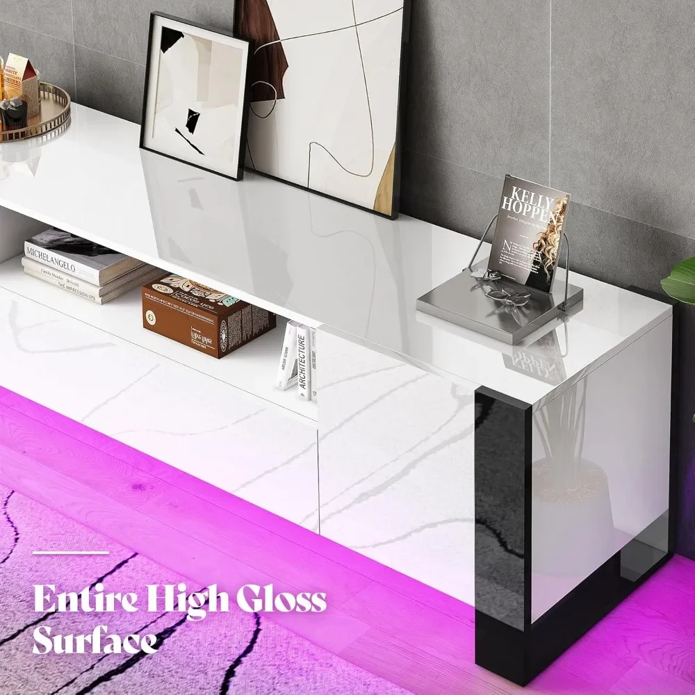 70 inch TV Stands with LED Lights, Modern TV Console High Gloss Entertainment Center with 2 Cabinet Storage Drawer 3