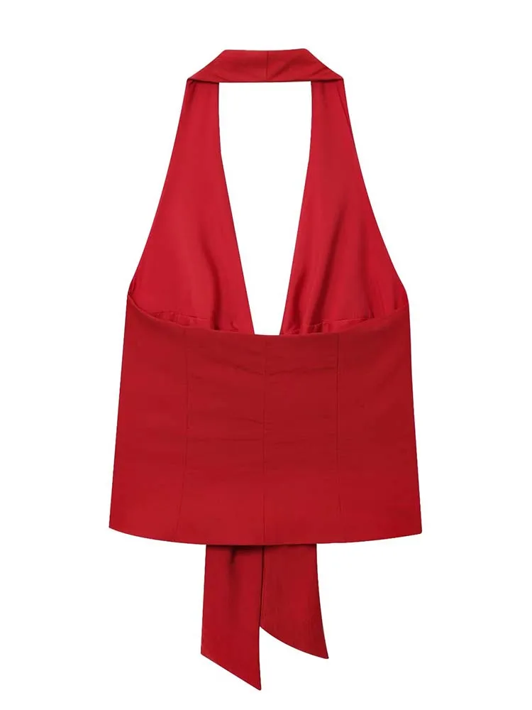 2025 New  Women Pants Fashiontwo-piece set Women Sexy Bow Decoration Halter Top+ wide-leg Pants 2 Pieces Sets Elegant Women Suit