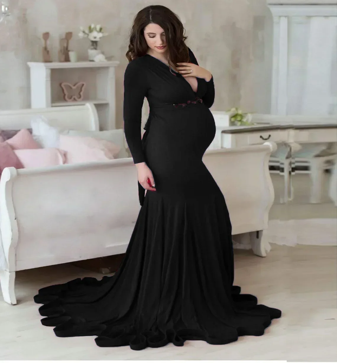 妊婦用マタニティフォトボディスーツロングスリーブ衣装、写真撮影ローブ、レースドレス、新しい