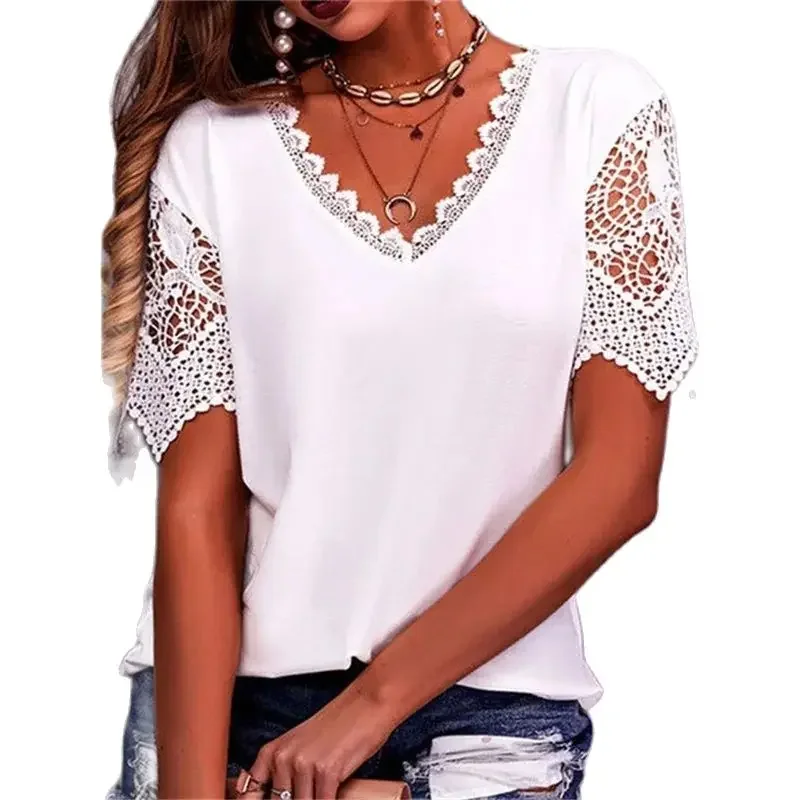 

Women Elegant Lace V Neck Splicing T-Shirt New Hollow Out Short Sleeve Tops Summer Solid Color Loose Female Casual Commuter Tees