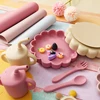 5PCS Silicone Baby Dinner Set Solid Color Utensils Waterproof Placemat Cartoon Lion Shape Suction Plate Portable Sippy Cup 4