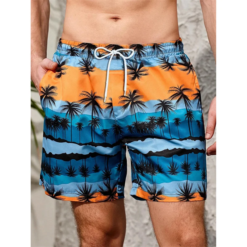 Coconut Tree Pattern Beach Shorts For Men Fishbone 3D Printed Swim Trunks Summer Street Surf Board Shorts Vacation Short Pants 3