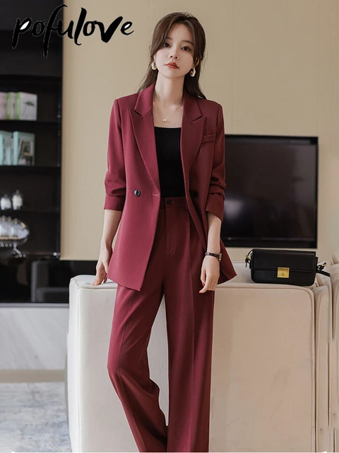 Suit Set Women Solid Color Business Wear Korean Formal Pants Suit