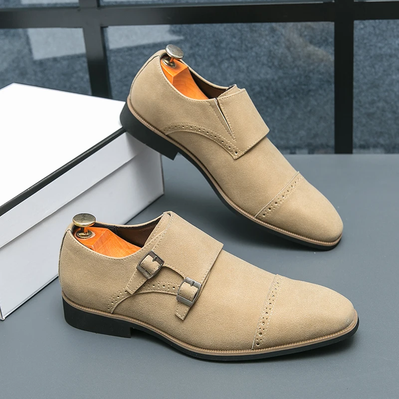 Leather Shoes Faux Suede Shoes Fashion Luxury Dress Leather Men's Shoes Monk Suede Leather Buckle Strap