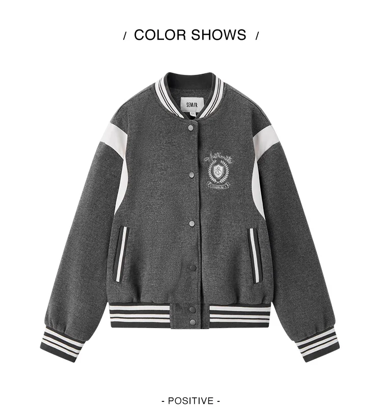 Coat Women Embroidery Patchwork Contrast Color Loose Jacket New Winter Imitation Woolen Baseball Jacket