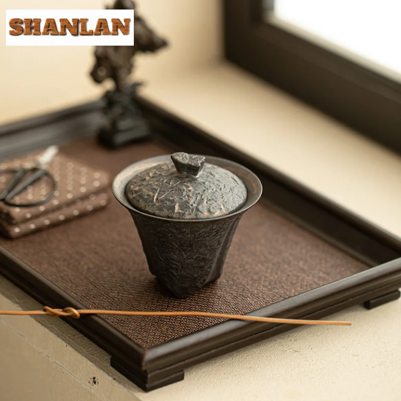 80ml Handmade Coarse Pottery Gaiwan Ancient Bronze Glaze Three Leg Tea Tureen Household Tea Making Cover Bowl Drinkware Craft