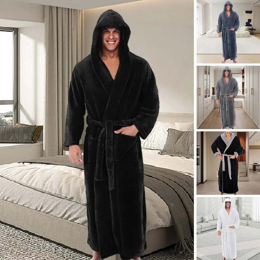 

Plush Bathrobe Luxurious Men's Hooded Bathrobe with Adjustable Belt Ultra Soft Absorbent Male Robe with Pockets Plush Solid