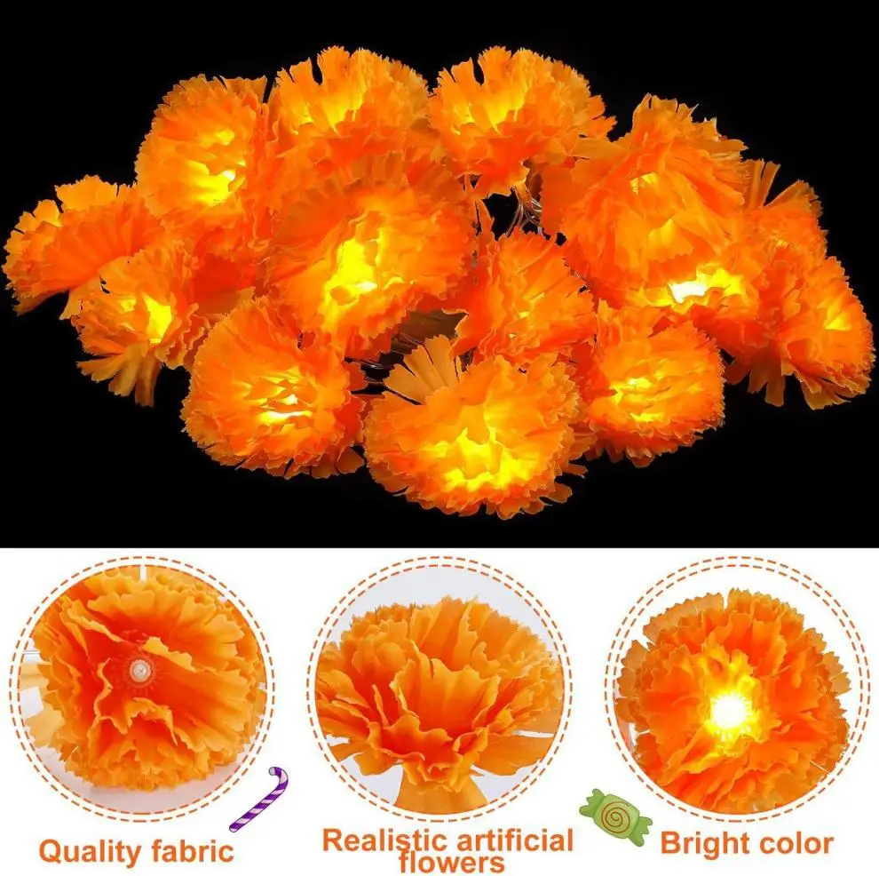 1,5 m lange orangefarbene Ringelblumengirlande mit LEDs für den Tag der Toten, Halloween, Diwali, Urlaub, Party, Heimdekoration, Weihnachtszubehör – Detail 4