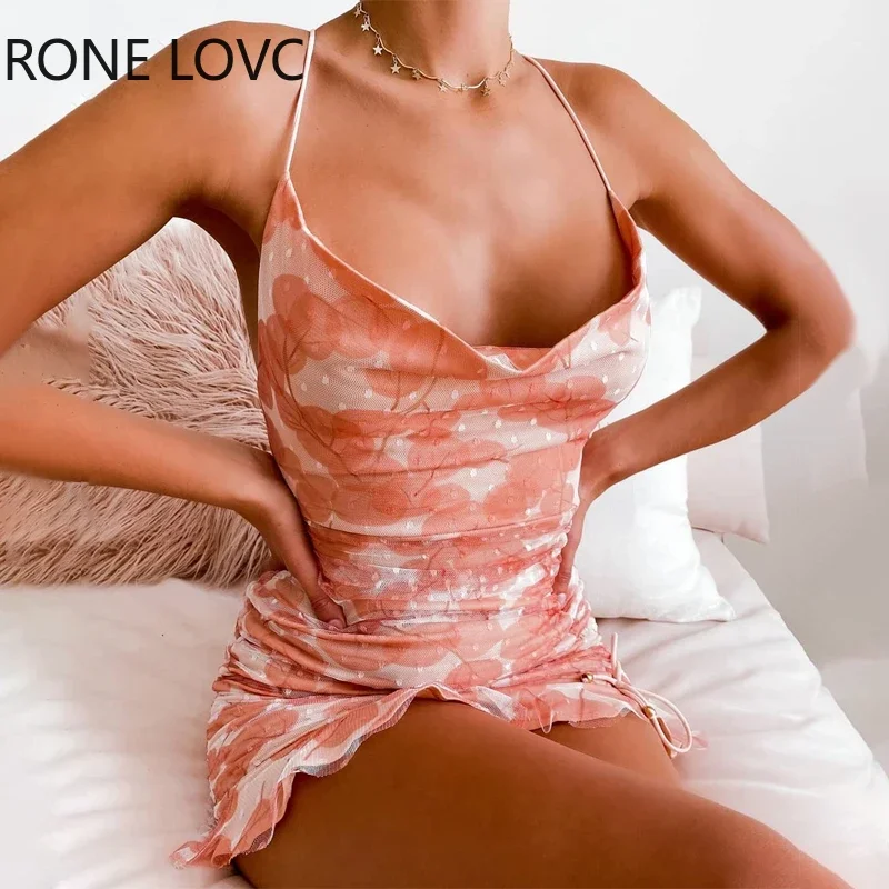 

Women Sexy Elegant Spaghetti Strap All Over Print Mesh Patchwork Swing Collar Mini Bodycon Sexy Party Dress