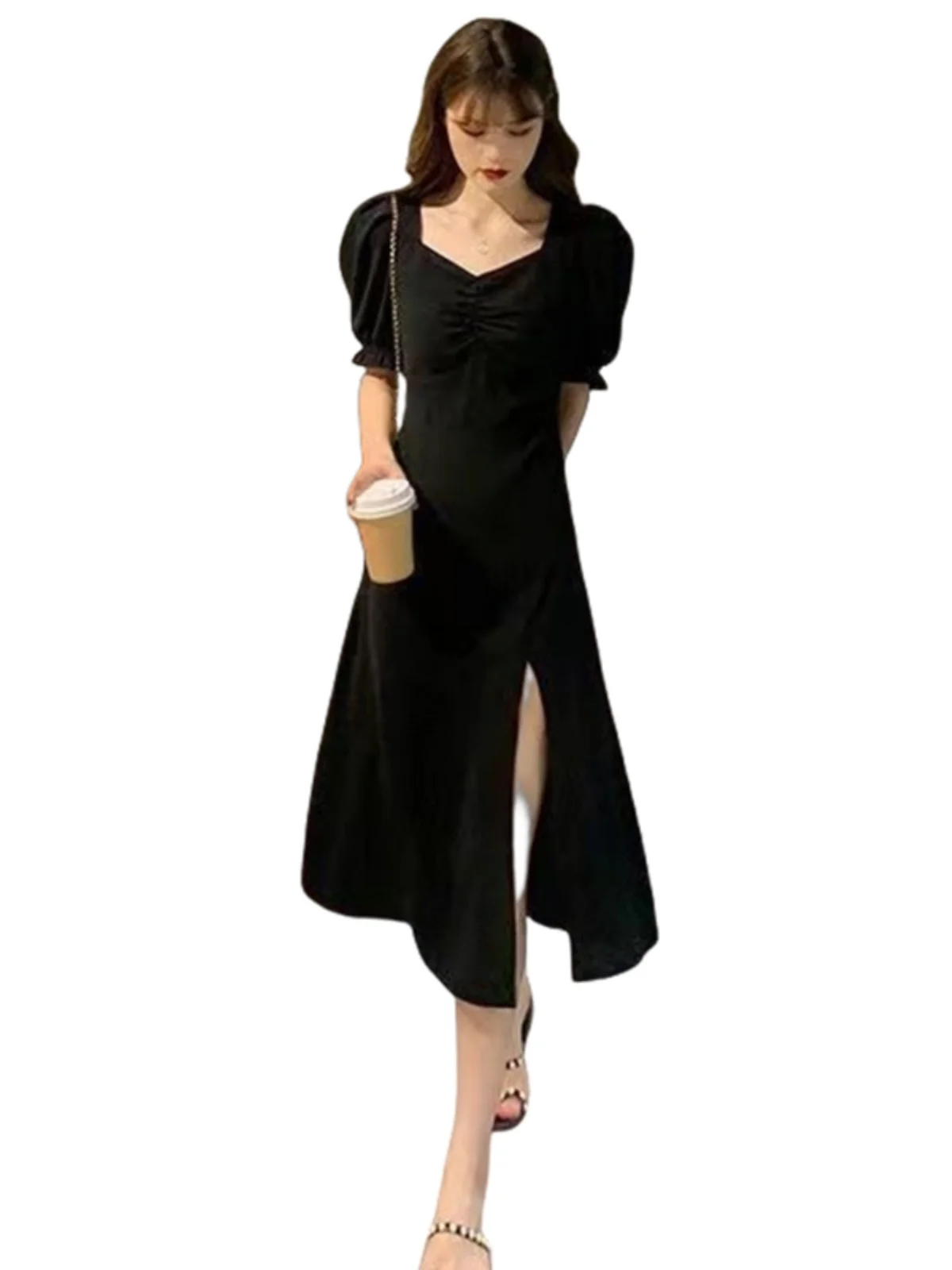 Black Bubble Sleeve Dress Women's Summer New plus Size Elegant Waist  Cinching Half Slit Skirt Casual High Waist Polyester Fib... - AliExpress  200000345