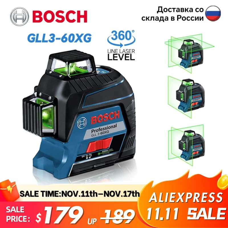 Bosch 360 Laser Level Gll3-60Xg Green Light Strumento Di Misurazione Verticale E Orizzontale Linea Di Proiezione Per La Decorazione Domestica All'Aper