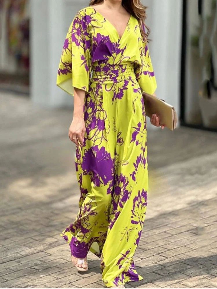 

2023 Jumpsuit Women High Waisted Long Style Summer Outfits Printed Loose Bat Sleeves Long Jumpsuits Chic Elegant Woman Jumpsuit