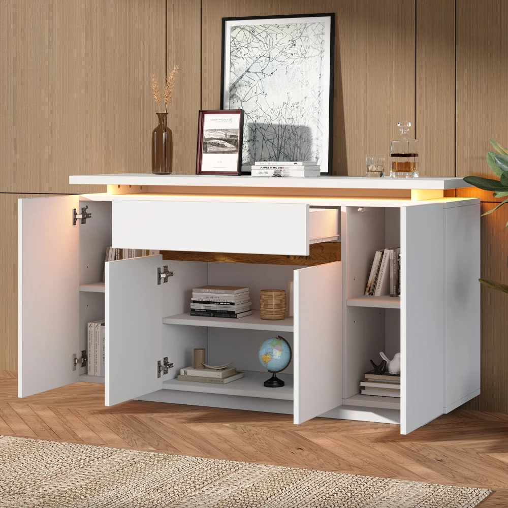 140 x 40 x 80 cm großes Sideboard mit LED-Beleuchtung, Kommode mit 1 Schublade und 4 Türen, Schrank für Wohnzimmer, Flur oder Küche – Detail 8