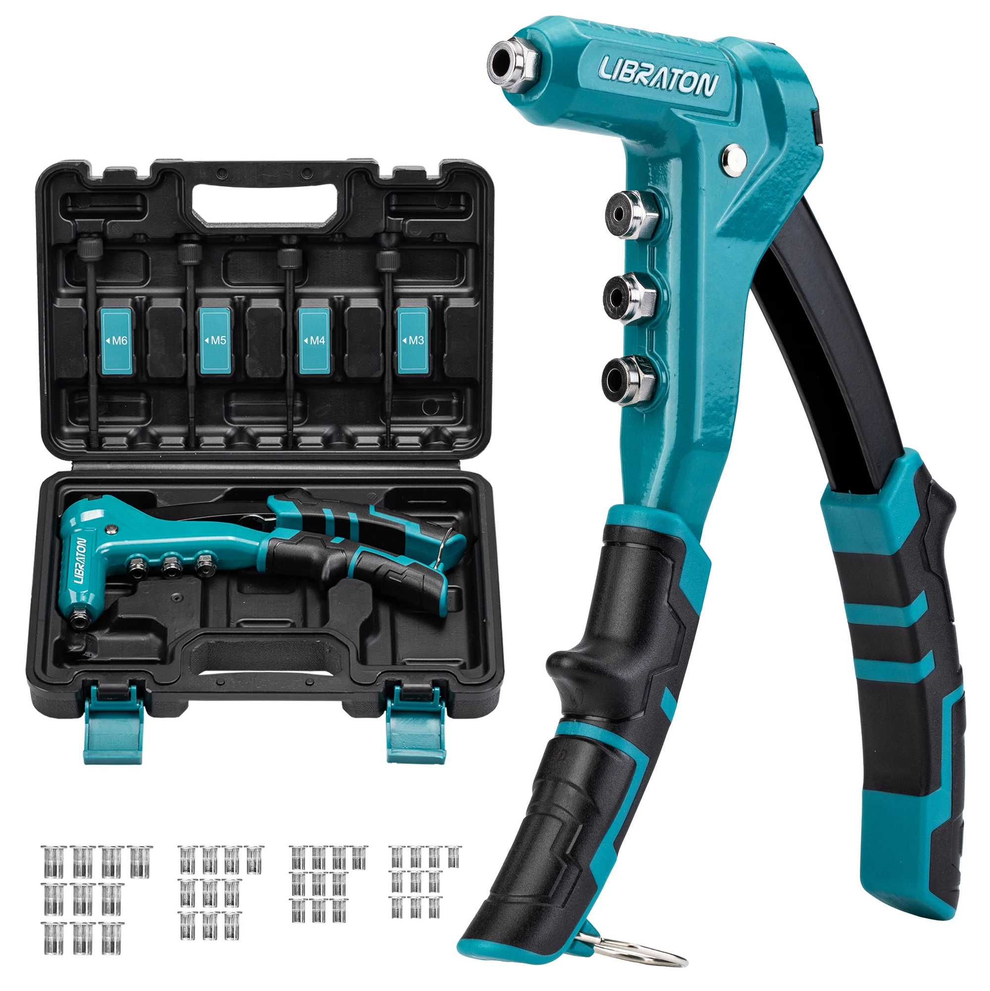 LIBRATON 9.5" One-Handed Rivet Nut Tool, Hand Rivet Nut Setter with 40PCS Threaded Nut, M3, M4, M5, M6, with Carrying Case