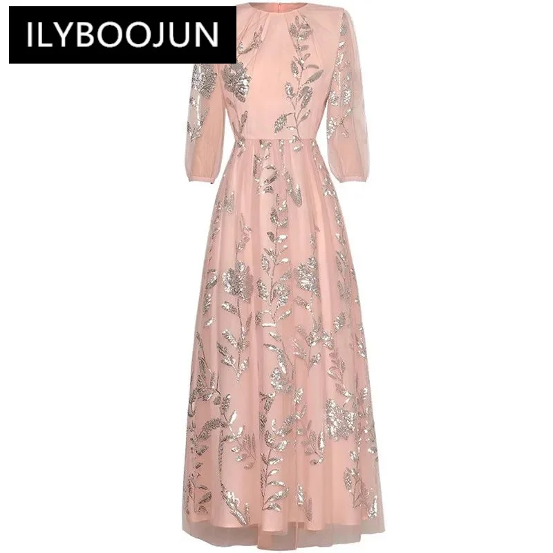 

ILYBOOJUN Fashion Women's Spring/Summer 2024 New Three-Quarter Sleeve Sparkly Sequin Embroidered Breathable High-Waisted Dress