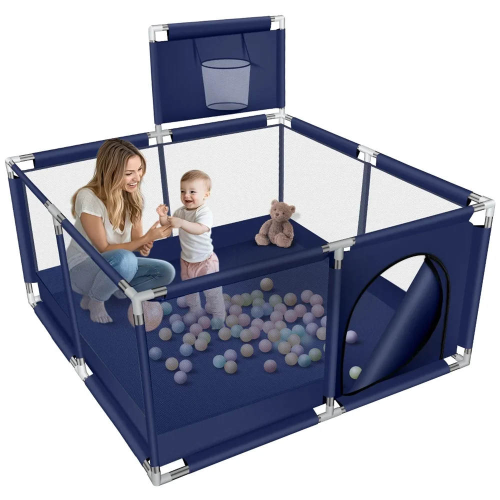 Large Square Baby Playpen (50x50 Inch) with Basketball Hoop,