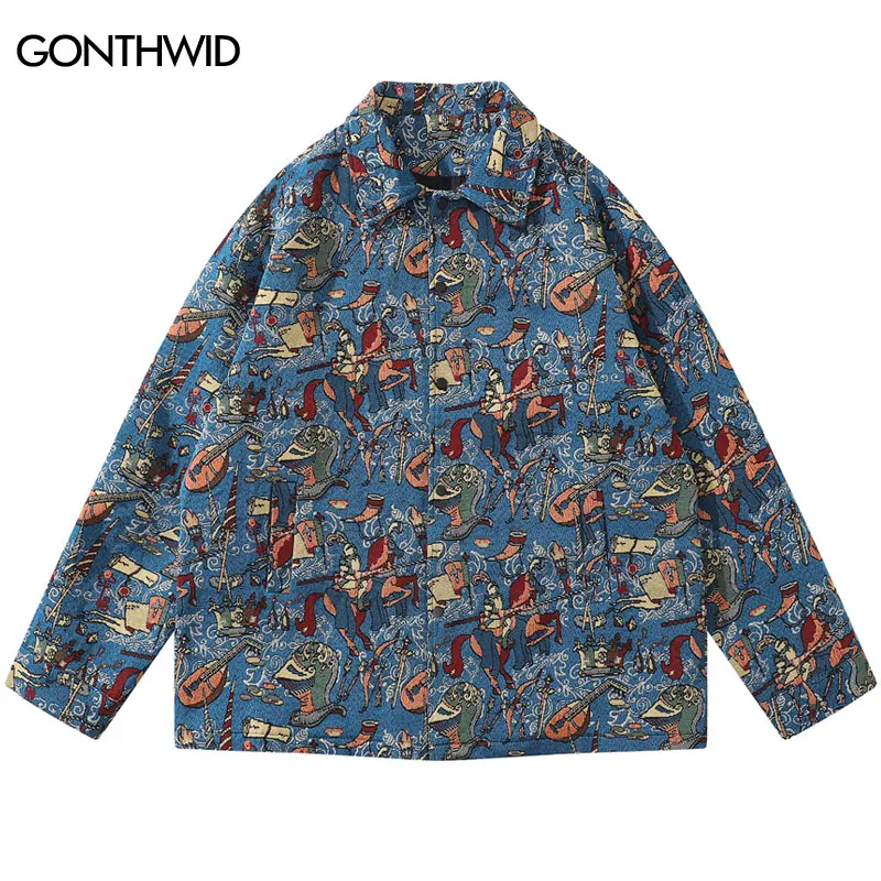 

Men Thick Shirts Streetwear Vintage Retro Pattern Casual Loose Shirt Men Harajuku Fashion Casual Snap Button Shirts Coats Jacket