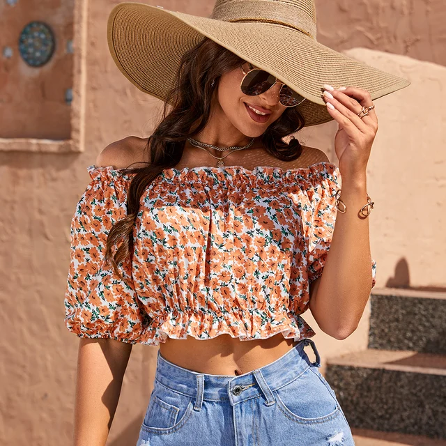 Dominique Floral Lantern Sleeve Off-Shoulder Crop Top 1