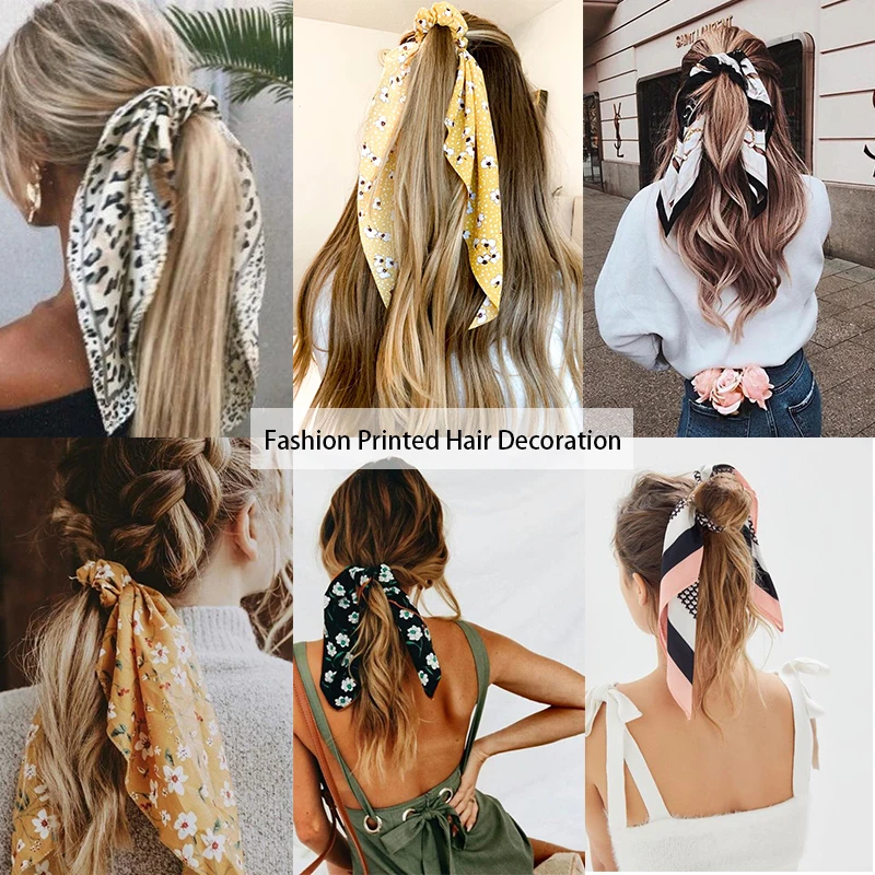 Bohemian Fashion Flower Printed Satin Elastic Long Ribbon Hair Bands Ponytail Scarf Hair Tie Women Scrunchies Hair Accessories