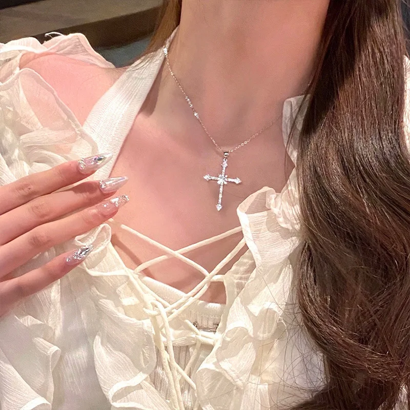 SINLEERY Silver Color Rhinestone Cross Stainless steel Pendant Necklace  Chain For Women And Girl Choker Free Shipping