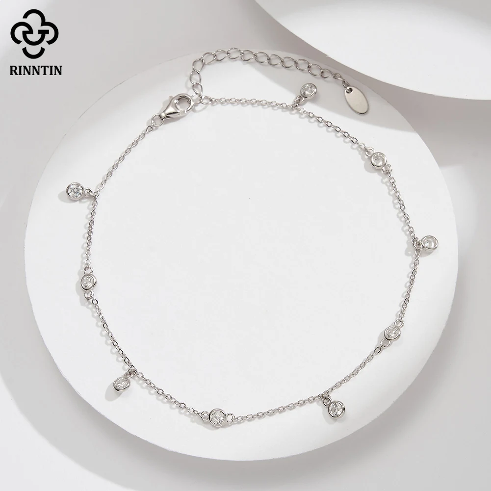 Silver Anklets Rinntin Genuine 925 Sterling Silver Brilliant Cubic Zirconia Anklet for Women Adjustable Summer Foot Chains Jewelry SA70