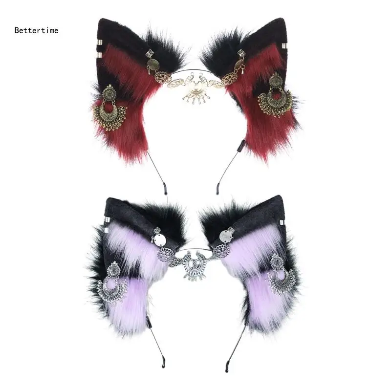 

B36D Students Cat Foxes Ear Headband with Forehead Chain Decors Carnivals Hair Decors