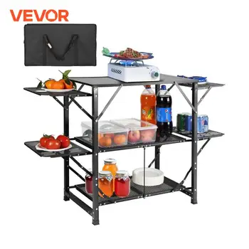 VEVOR Cucina da Campeggio per Cottura BBQ Pieghevole Portatile 2 Ripiani Carico 40 kg Materiale in Alluminio Ferro Dimensioni Estese 126x46x81 cm, Tavolo Pieghevole Portaoggetti da Campeggio per BBQ 1