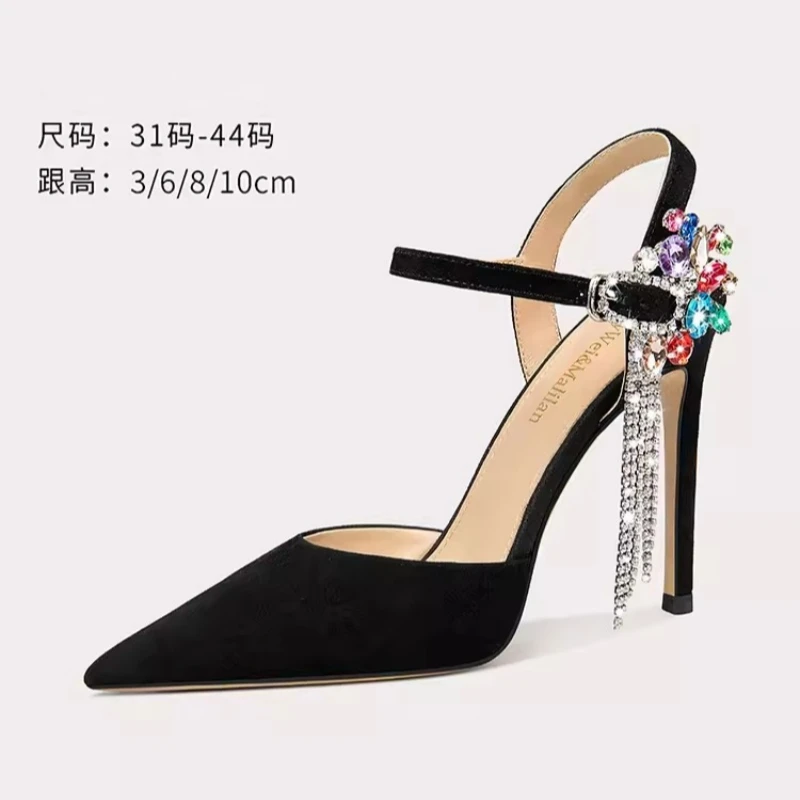 

Spring/Summer Pointed Suede Colored Water Diamond Tassel Single Shoes Thin High Heels Banquet Dress Large and Small Women Sandal