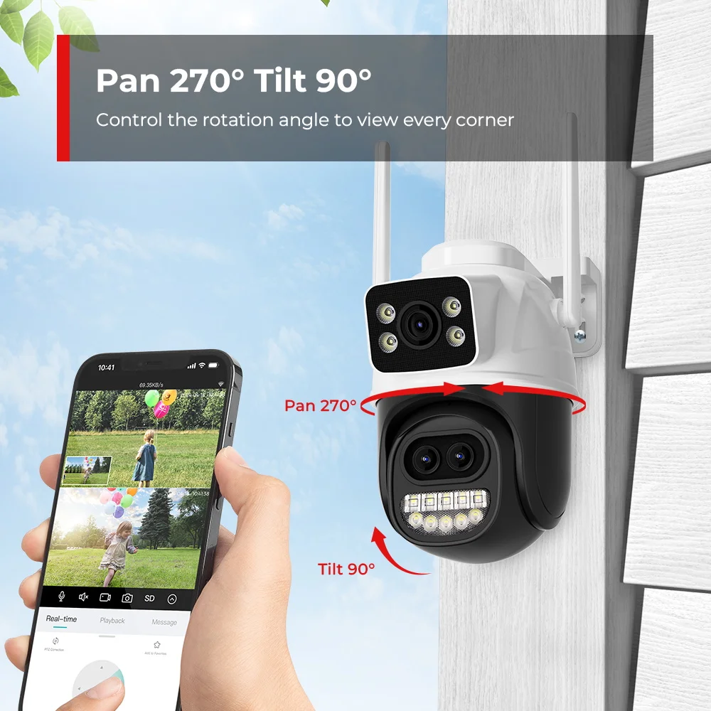 12MP 6K PTZ Wifi Camera Dual Lens 8X Digital Zoom AI Human Detection Outdoor 8MP