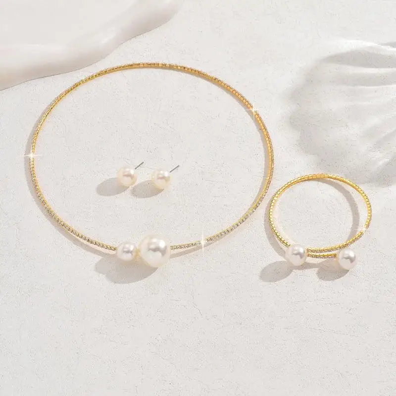 2Pcs Modische Klassische Hochzeit Schmuck Sets Für Frauen Perle Strass Halskette Armband Zubehör Geschenk – Detail 4