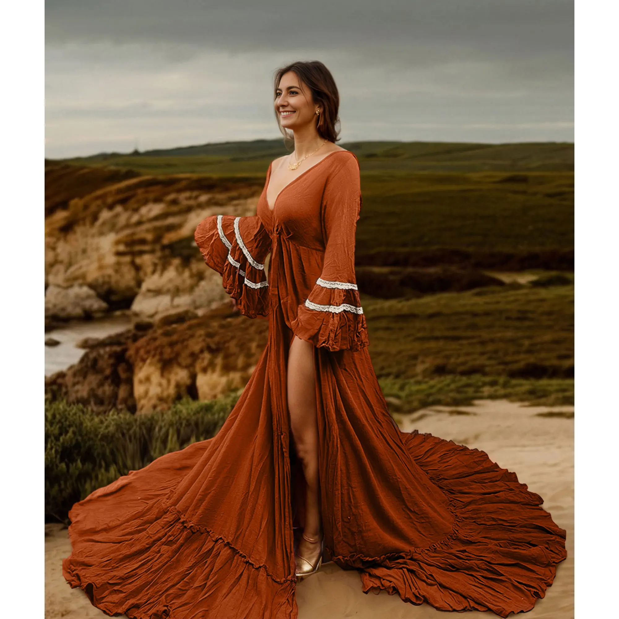 

Don&Judy Boho Deep V-neck Maternity Non-maternity Dress for Photoshoot Christmas Pregnancy Photography Prop Party Ruffles Gown