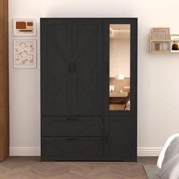 Farmhouse Style Wardrobe Closet with Mirror Door- Hanging Rod And Drawers 1