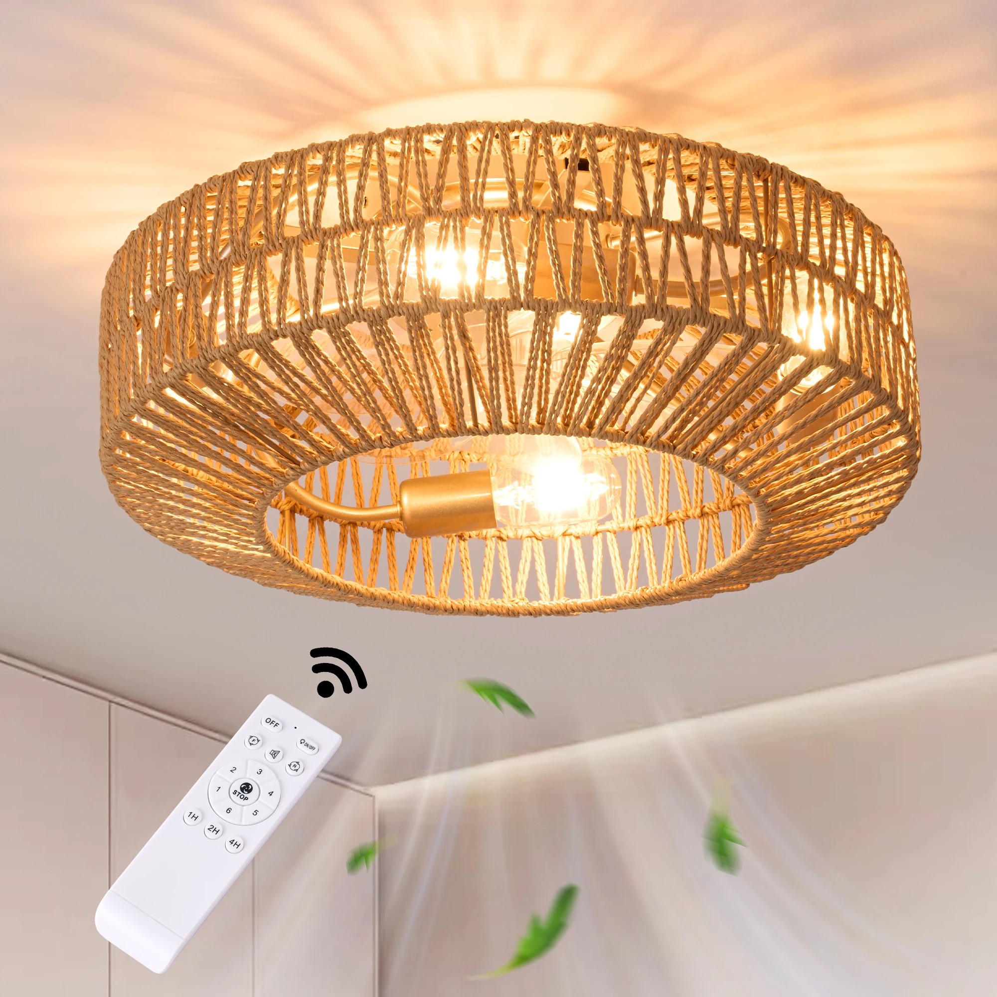 retro Loft Rattan Ceiling Fan Light Modern Decor Bedroom Fan