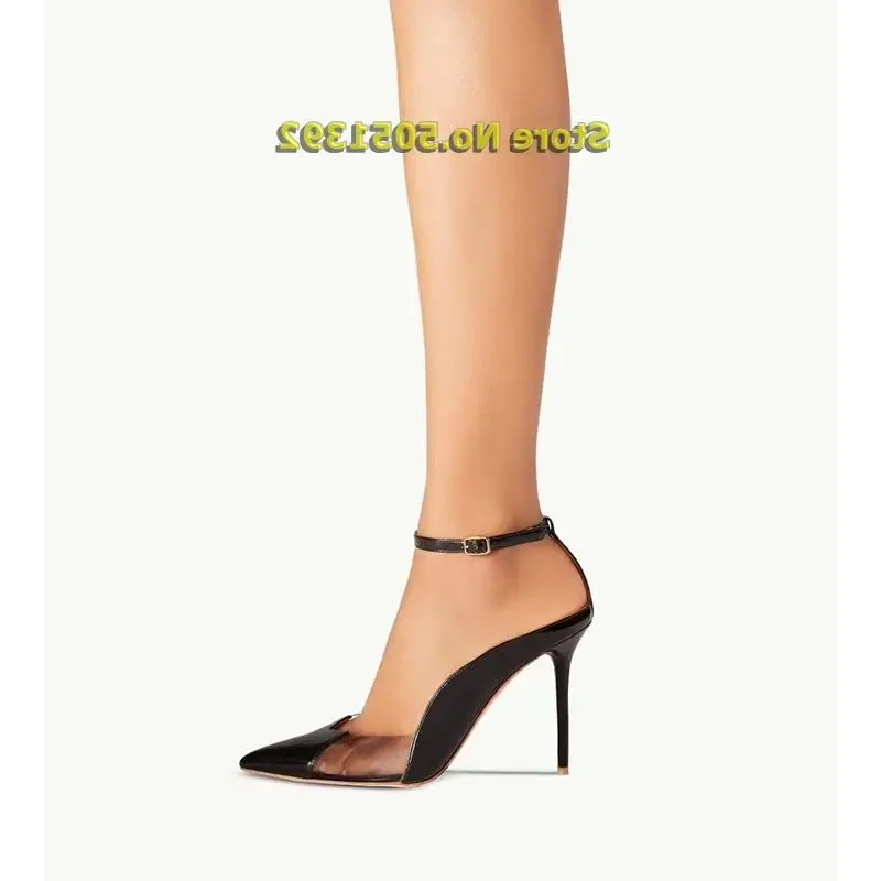 

Patchwork Clear PVC Leather Pumps Sexy Pointed Toe Ankle Buckle Strap Stiletto Thin High Heel Fashion 2023 Summer Spring Sandals