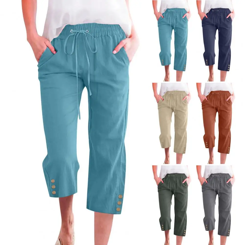 

Wide-leg Pants Elastic Waist Casual Pants Elastic Waist Women's Summer Cropped Pants with Pockets Buttons Loose for Streetwear