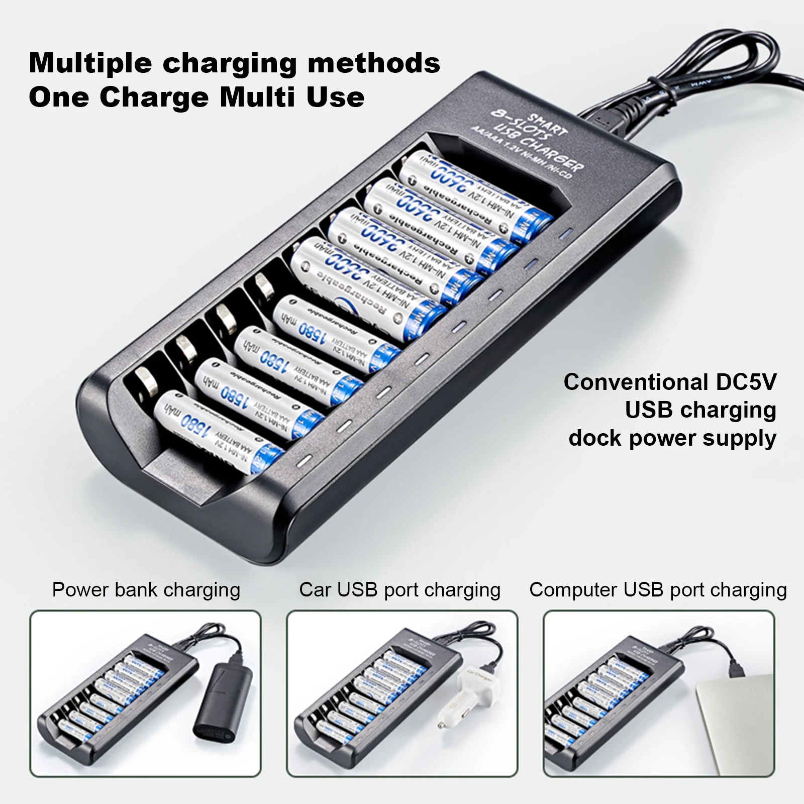 8-Slot Smart Battery Charger For 1.2V Ni-MH AA/AAA Rechargeable Batteries USB Plug And Play Battery Charging Dock