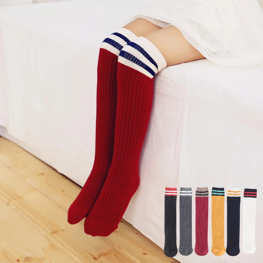 

Solid Color Cotton Sport Football Stocking Legging Children Striped White Black Knee High Long Socks for Mother Kids Accessories